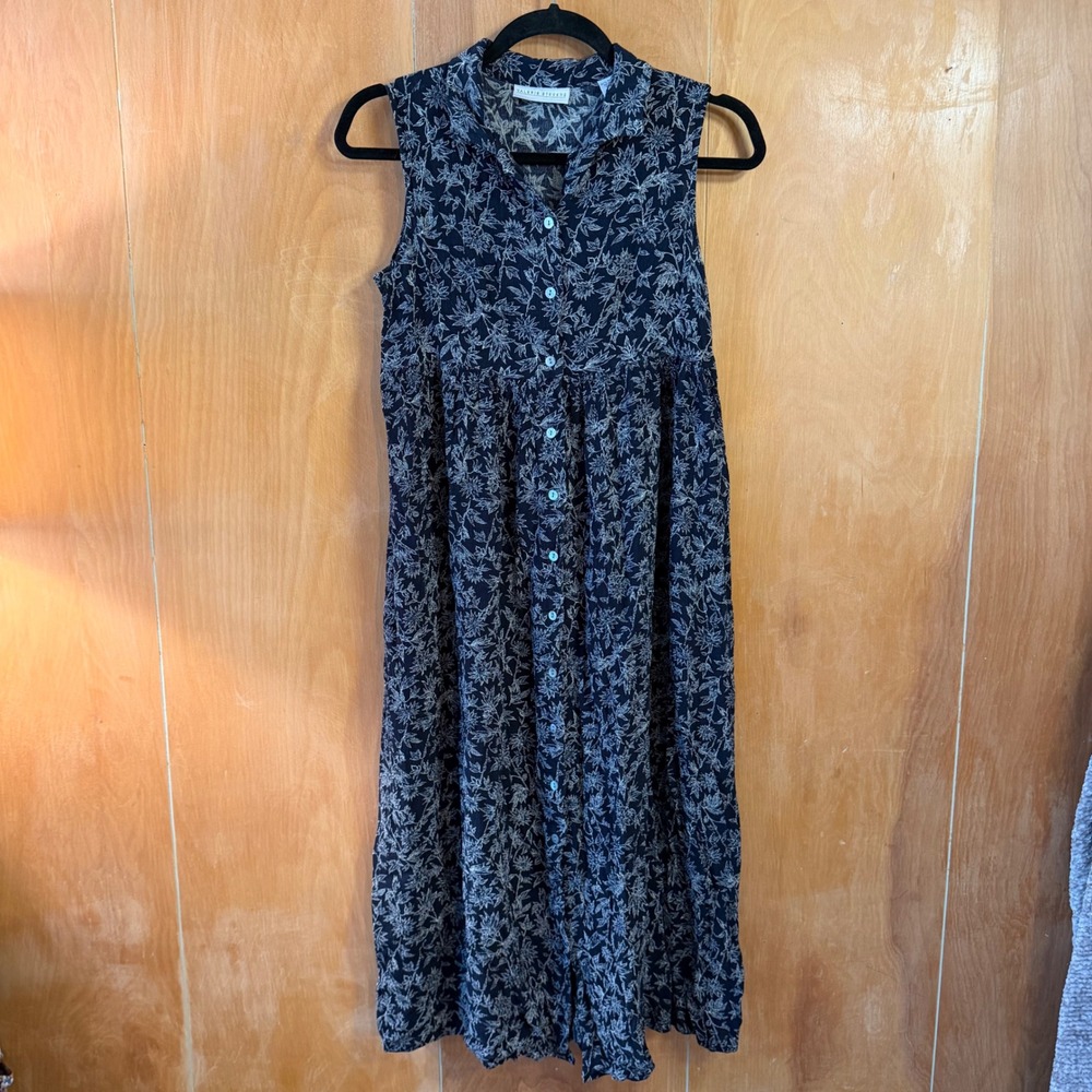 Valerie Stevens Navy Blue Floral Rayon Sleeveless Button Front Midi Dress 6